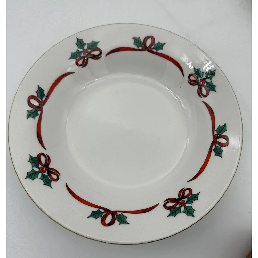 4 Jamestown China Bowls Christmas Ribbons Holly Gold‎ Trim Set EUC